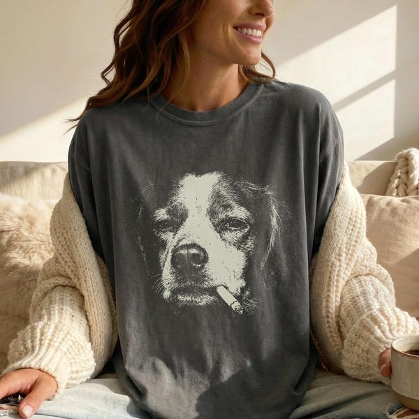 Rauchen Bretagne Spaniel Shirt, Vintage Y2K Grunge Bretagne Hund Grafik T-Shirt, lustiges Hundegesicht Shirt, Comfort Colors® Edgy Meme, Geschenk Hundeliebhaber