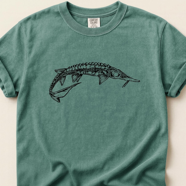 Maglietta Sturgeon – Illustrazione vintage di Sterlet, maglietta artistica in stile scientifico Acipenser, regalo per pescatori