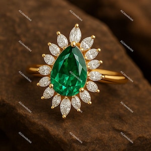 Pear Cut Lab Emerald Ring: Halo Moissanite, Sterling Silver
