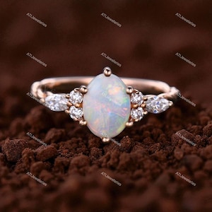 Natural Opal  Ring 14k Rose Gold Wedding Ring Opal Twisted Engagement Ring Marquise Cut Moissanite Ring Dainty Anniversary Gift For Her