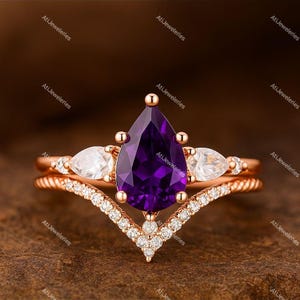 Natural Amethyst Engagement Ring Set: Sterling Silver V Band