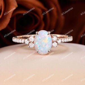 Natural Opal Ring 14k Rose Gold Wedding Ring Oval Opal Fire Engagement Ring Round Cut Moissanite Ring Dainty Anniversary Gift For Her
