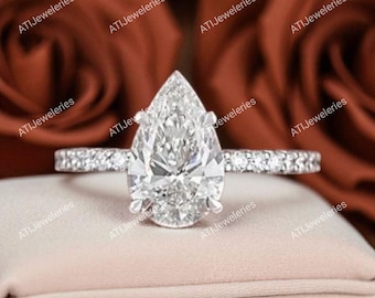 Pear Moissanite Engagement Ring: Half Eternity Sterling Silver Bridal Ring