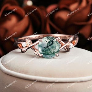 Round Cut Engagement Ring in 14k Solid Rose Gold / Moss Agate Engagement Ring /Moss Agate Leaf Ring /Rose Gold Twig, Dainty ring for women