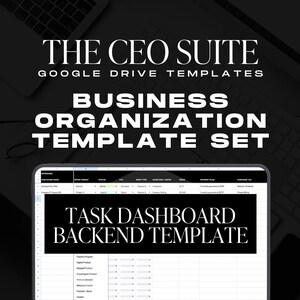 Puede incluir: Un conjunto de plantillas de Google Drive para la organización empresarial, que incluye una plantilla de panel de tareas de back-end con un esquema de color blanco y negro. El texto "THE CEO SUITE GOOGLE DRIVE TEMPLATES BUSINESS ORGANIZATION TEMPLATE SET TASK DASHBOARD BACKEND TEMPLATE" se muestra en la pantalla.