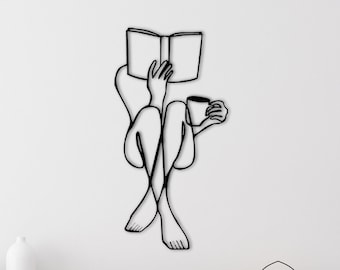 Metal Wall Art, Metal Women Reading a Book Wall Decor, Line Wall Art, Metal Wall Decor, Naked Women, Minimalist Line Art, Women whit Coffe