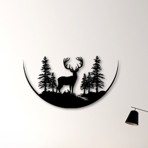 Decorazione da parete in metallo, Arte da parete in metallo con cervi, Decorazione da parete in metallo con cervi e foresta, Arte da parete per la casa con alci, Cervo appeso in metallo, Arte minimalista