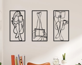 Metal Wall Decor, Women Reading a Book 3 set, Women Reading a Book Metal Wall Decor, Library Metal Wall Decor, Home Wall Art,Metal Wall Art