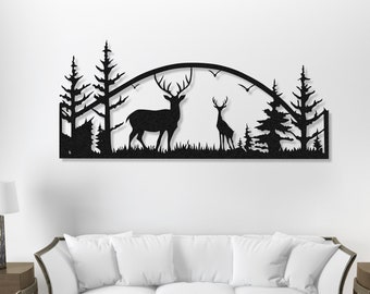Paesaggio con cervi e foresta, decorazione da parete in metallo con cervi, decorazione per la casa in metallo con cervi e foresta, arte da parete in metallo con animali, decorazione da fattoria, grande arte da parete