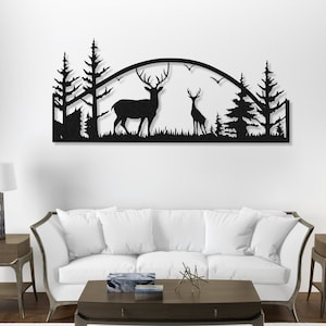 Paesaggio con cervi e foresta, decorazione da parete in metallo con cervi, decorazione per la casa in metallo con cervi e foresta, arte da parete in metallo con animali, decorazione da fattoria, grande arte da parete