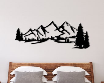 Decorazione da parete in metallo, arte da parete lineare, decorazione da parete in metallo con montagna, cartello di montagna, decorazione da casa in metallo con montagna, arte in metallo con collina, decorazione da parete in stile fattoria