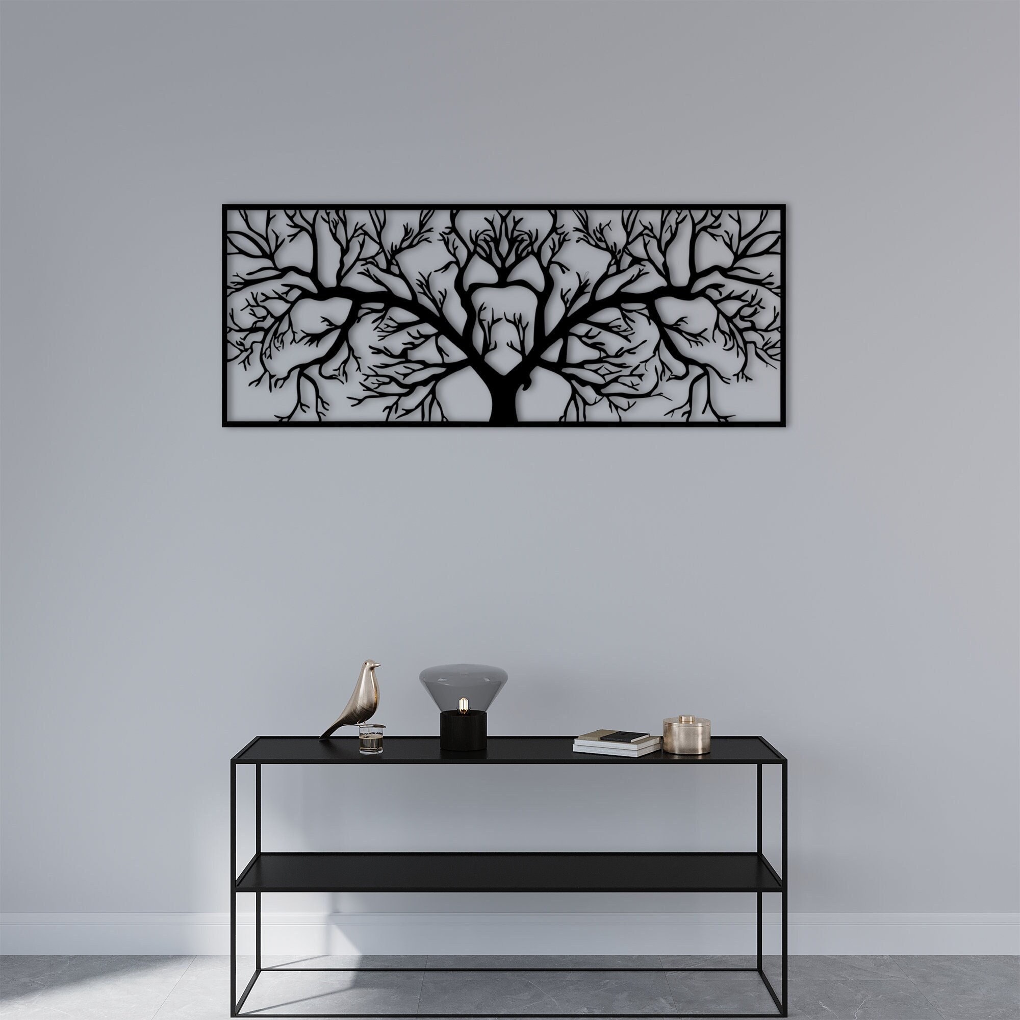 Decorazione da parete in metallo, decorazione da parete in metallo con albero della vita, decorazione da parete con albero, decorazione con albero di sicomoro, arte da parete con linee, decorazione da parete in metallo con natura, arredamento per la casa