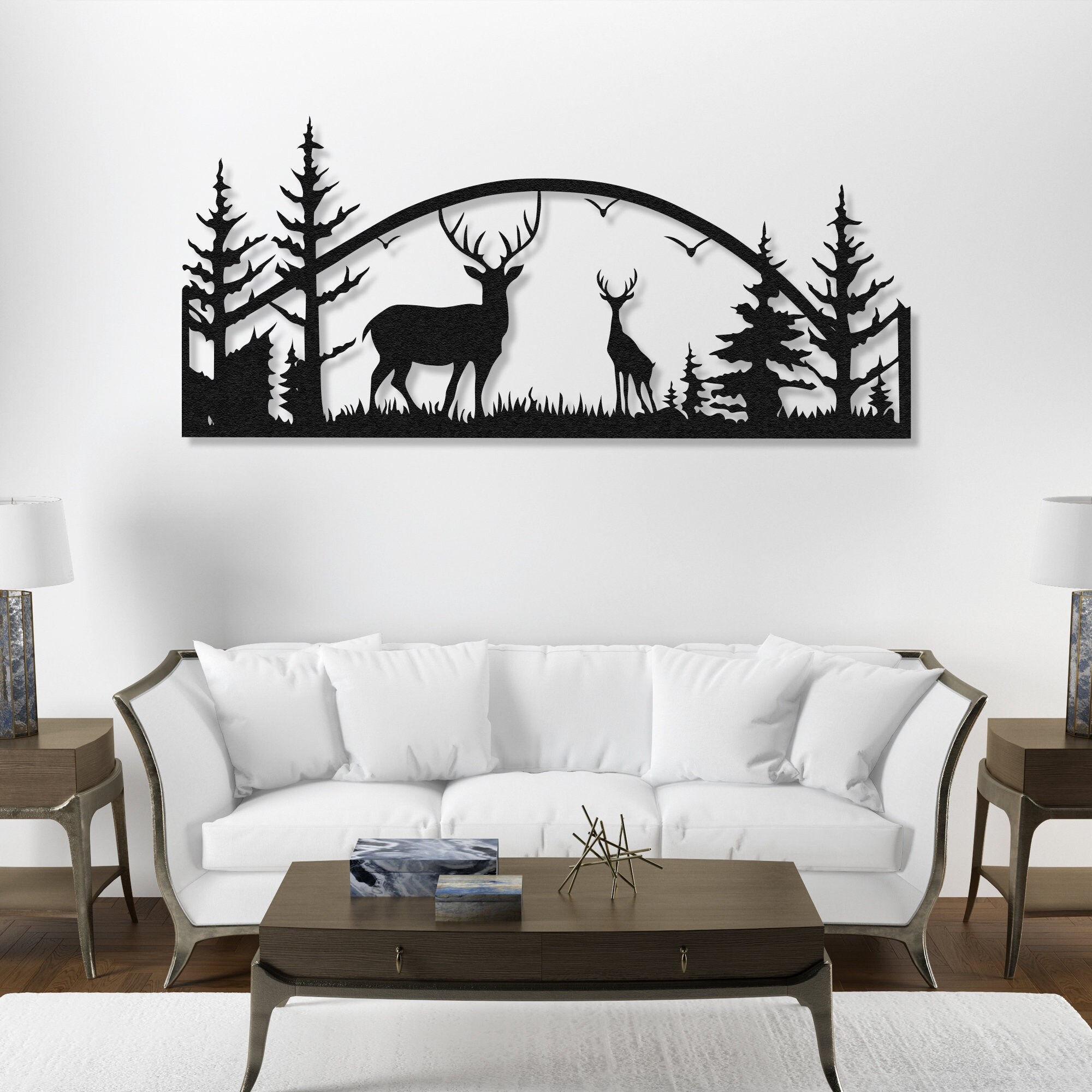 Deer and Forest Landscape, Deer Metal Wall Decor, Deeer and Forest
