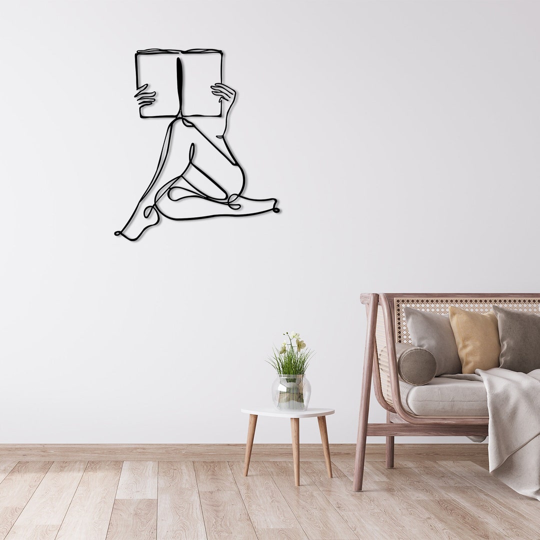 Women Whit Book Line Art, Library Metal Wall Decor, Women Reading a