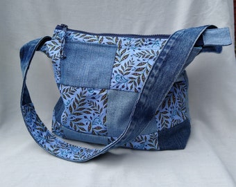 Handmade upcycled denim patchwork shoulder bag