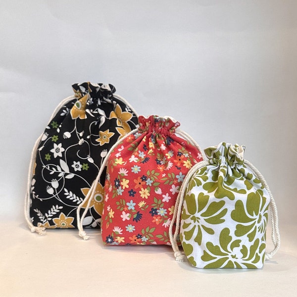 Cotton Floral Drawstring Bag, Custom Drawstring Bag, Multiple Designs and Sizes