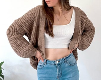 Sweter kardigan w kolorze khaki, vintage, z rękawami typu lampion | Swobodny, jesienny styl uliczny | Koreański styl | Szykowny, leniwy wiatr | Płaszcz damski