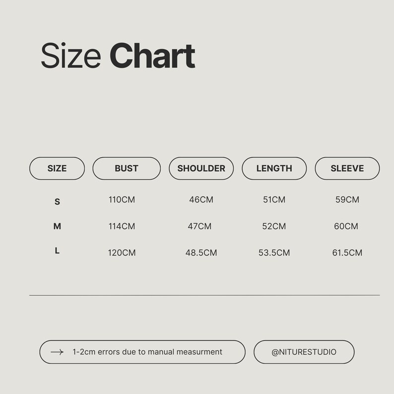 May include: Size chart for a garment with measurements in centimeters for bust, shoulder, length, and sleeve. Sizes include S, M, and L.