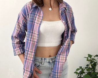Casual Women's Plaid Shirt | Women Loose Blouse and Tops | Long Sleeve Blouses | Button Up Women Shacket | Women Spring & Fall Jacket Wear