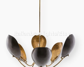 1950's Mid Century Antique 6 Light Curved Disk Shades Handmade Mid Century Modern Brass Sputnik Chandelier Fixture