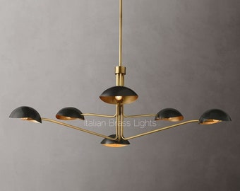 1950's Mid Century Antique Brass Black Orb Sputnik Italian Ceiling Handmade Vintage Chandelier 2 Tier Curved Arms Starburst Light Fixture