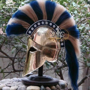 Medieval Spartan Helmet Greek Corinthian Helmet Knight Steel Reenactment Costume With Blue & Brown Plume