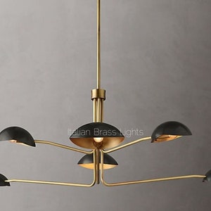 1950's Mid Century Antique Brass Black Orb Sputnik Italian Ceiling Handmade Vintage Chandelier 2 Tier Curved Arms Starburst Light Fixture image 6