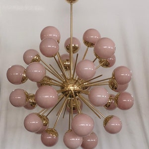 1950's Brass Pink Glass Dome Polished Sputnik Chandelier Urchin Italian Stilnovo Kalmar Lamp Lights Lighting Starburst Vintage ds