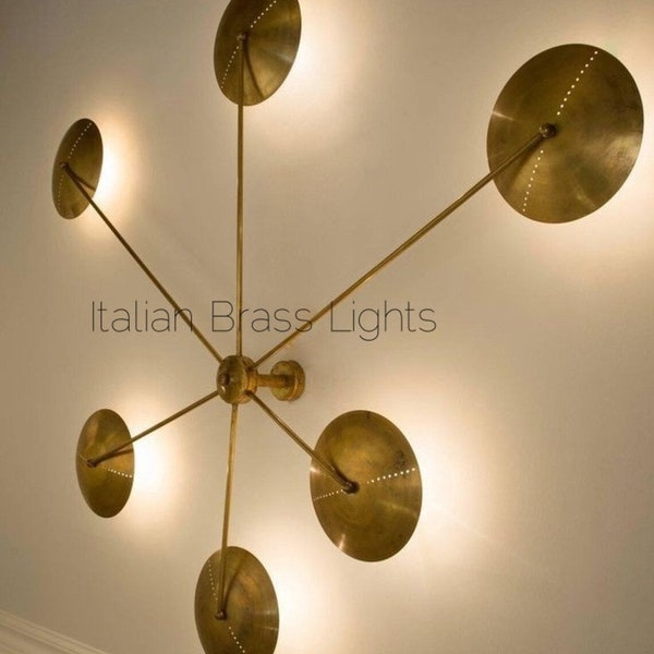 1950s Mid Century RawMatte Antique Brass Shade Wall Scone Industrial Diabolo Chandelier Sputnik Italian Stilnovo Kalmar Flush Mount Handmade