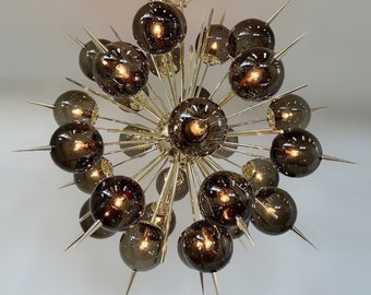 1950's Brass Turquoise Smoky Glass Dome Polished Sputnik Chandelier Urchin Italian Stilnovo Kalmar Lamp Lights Lighting Starburst Vintage