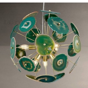 1950's Brass Green Agate Stone Polished Sputnik Chandelier Urchin Italian Stilnovo Kalmar Lamp Lights Lighting Starburst Vintage