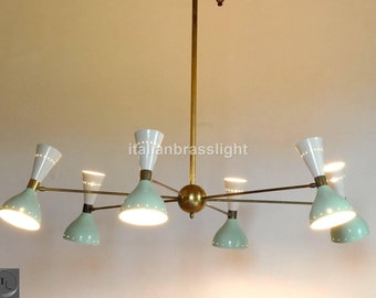 1950's Mid Century Brass 6 Arms 12 Lights Stilnovo Style Sputnik Italian Chandelier Light Handmade Vintage Ceiling