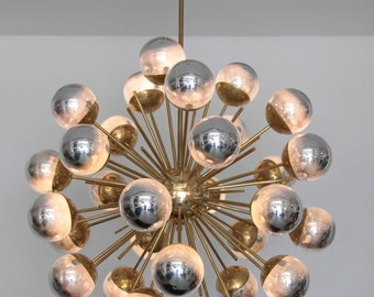 1950's Brass Mirrored Glass Dome Polished Sputnik Chandelier Urchin Italian Stilnovo Kalmar Lamp Lights Lighting Starburst Vintage ds