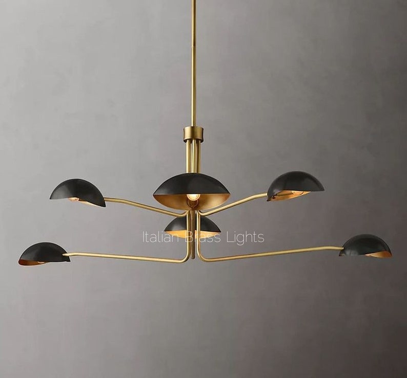 1950's Mid Century Antique Brass Black Orb Sputnik Italian Ceiling Handmade Vintage Chandelier 2 Tier Curved Arms Starburst Light Fixture image 3