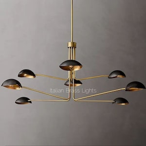 1950's Mid Century Antique Brass Black Orb Sputnik Italian Ceiling Handmade Vintage Chandelier 2 Tier Curved Arms Starburst Light Fixture