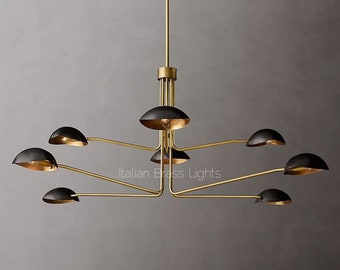 1950's Mid Century Antique Brass Black Orb Sputnik Italian Ceiling Handmade Vintage Chandelier 2 Tier Curved Arms Starburst Light Fixture