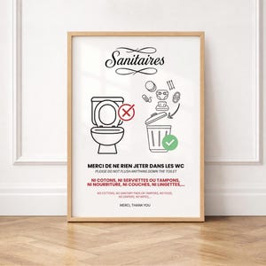 Affiche WC à imprimer : Ne rien jeter dans les Toilettes, en français et anglais, Airbnb, Poster Minimaliste pour WC et Salle de Bain