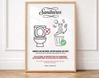 Printable toilet sign: Don't flush anything down the toilet, in French and English, Airbnb, Minimalist poster for toilets and bathrooms