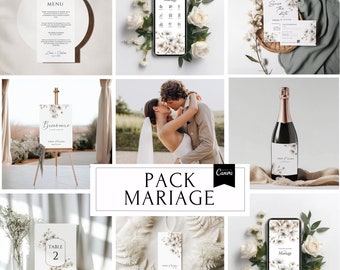 Pack Mariage : Modèles d'invitation, programme interactif, Ensemble de papeterie de mariage, modifiable avec Canva