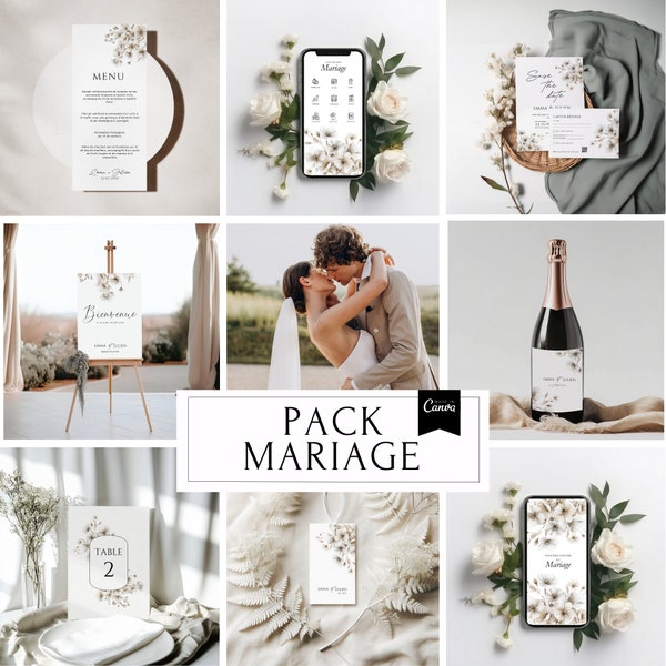 Pack Mariage : Modèles d'invitation, programme interactif, Ensemble de papeterie de mariage, modifiable avec Canva