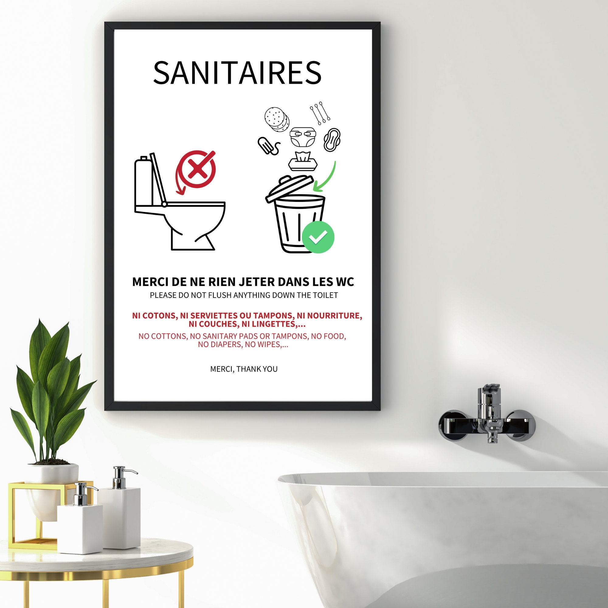 WC Poster to Print Do Not Throw Anything in the Toilet, in French and