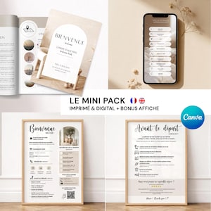 May include: A welcome pack for a villa, including a welcome book, framed guides, and a smartphone displaying a digital guide. The pack features the text "Bienvenue" and "Avant le départ". The pack is printed and digital.