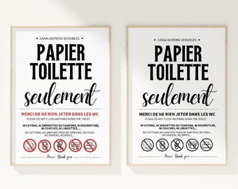 Affiches WC à imprimer : "Utilisez uniquement du papier toilette - Ne rien jeter dans les toilettes", spécialement conçues pour Airbnb