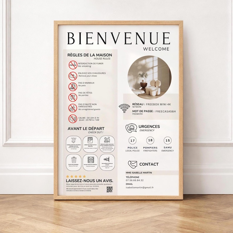 Elegante cartello di benvenuto Airbnb in francese e inglese: modello Canva, cartello di benvenuto modificabile per gli affitti immagine 1