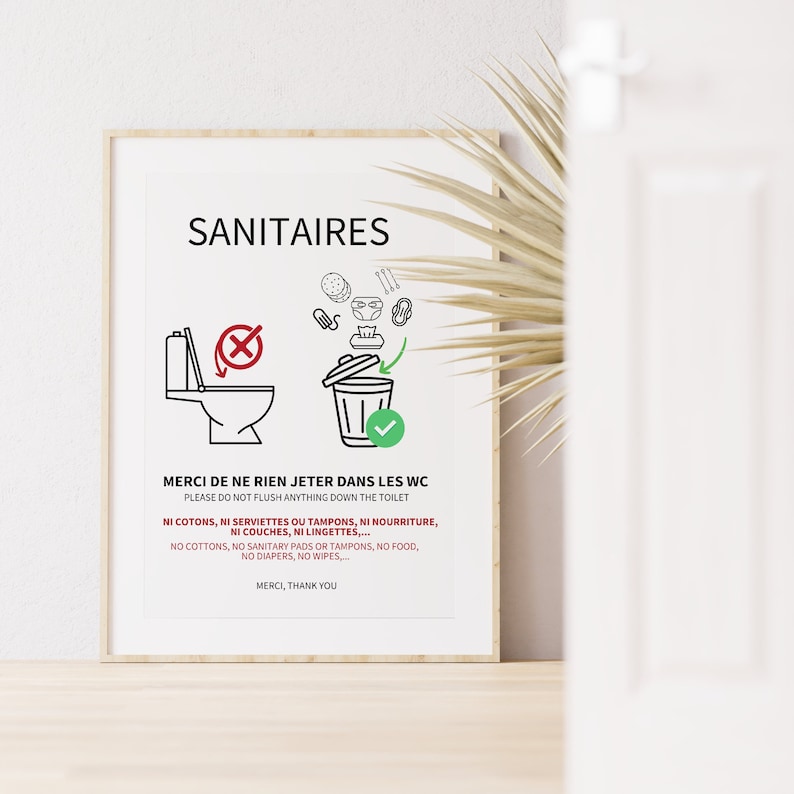 WC Poster to Print Do Not Throw Anything in the Toilet, in French and