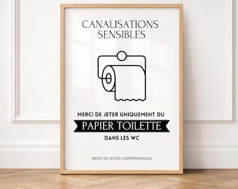 Printable toilet poster: Sensitive drain, Only flush toilet paper, Airbnb toilet decor, Minimalist bathroom poster
