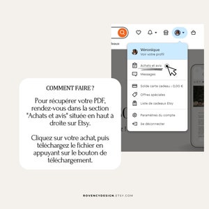 May include: A screenshot of a computer screen showing instructions on how to download a PDF file from Etsy. The instructions are in French and say "COMMENT FAIRE?" and "Pour r&eacute;cup&eacute;rer votre PDF, rendez-vous dans la section "Achats et avis" situ&eacute;e en haut &agrave; droite sur Etsy. Cliquez sur votre achat, puis t&eacute;l&eacute;chargez le fichier en appuyant sur le bouton de t&eacute;l&eacute;chargement."