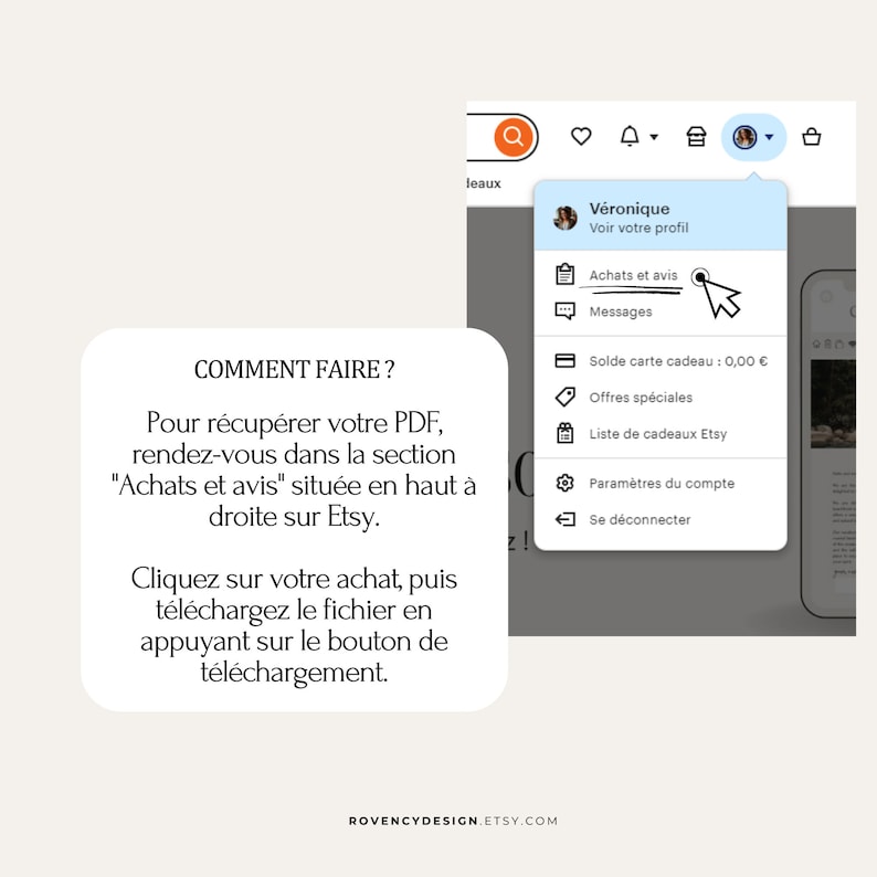 May include: A screenshot of a computer screen showing instructions on how to download a PDF file from Etsy. The instructions are in French and say "COMMENT FAIRE?" and "Pour r&eacute;cup&eacute;rer votre PDF, rendez-vous dans la section "Achats et avis" situ&eacute;e en haut &agrave; droite sur Etsy. Cliquez sur votre achat, puis t&eacute;l&eacute;chargez le fichier en appuyant sur le bouton de t&eacute;l&eacute;chargement."