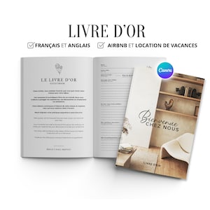 Peut inclure: Un livre d'or blanc et marron ouvert avec le titre "Le Livre d'Or" et le texte "Guestbook" en noir. Le livre est ouvert à une page avec le texte "Bienvenue Chez Nous" et une photo d'un salon avec un fauteuil blanc et une bibliothèque.