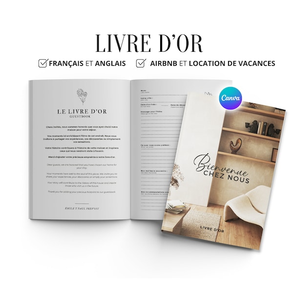 Livre d'or en français et anglais à personnaliser sur Canva - Idéal pour les hôtes Airbnb et de locations de vacances